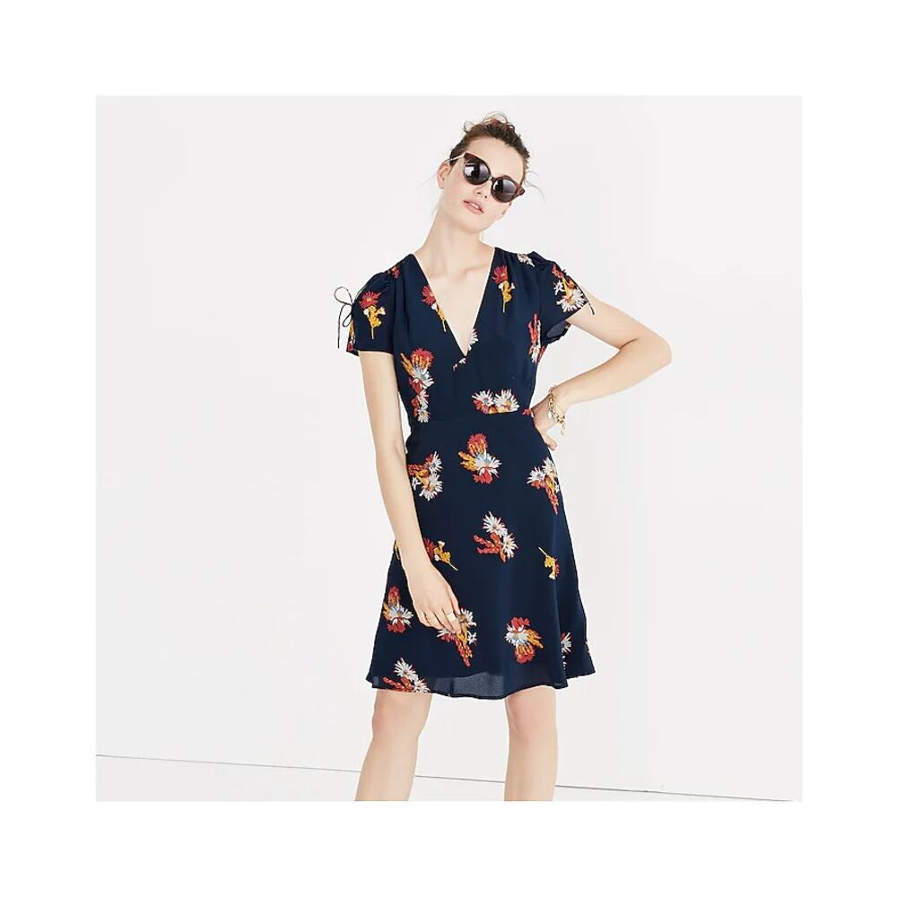 Madewell Silk Poppy Dress in Cactus Flower Navy Floral Silk Dress SZ 2